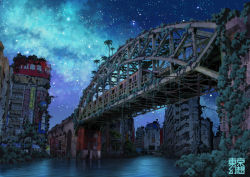 Rule 34 | bridge, building, city, dark, night, no humans, overgrown, palm tree, plant, post-apocalypse, ruins, scenery, sky, star (symbol), tokyo (city), tokyogenso, tree, water