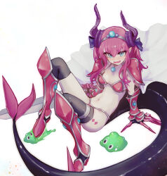 Rule 34 | 1girl, absurdres, armor, asymmetrical horns, bikini armor, blue eyes, blush, breasts, cape, commentary request, curled horns, dragon tail, elizabeth bathory (brave) (fate), elizabeth bathory (fate), elizabeth bathory (fate/extra ccc), fate/grand order, fate (series), full body, highres, horns, kanbara erika, long hair, looking at viewer, loose bikini, navel, open mouth, pauldrons, pink hair, pointy ears, red armor, shoulder armor, sitting, slime (creature), small breasts, solo, spiked footwear, sword, tail, uneven horns, vambraces, wavy mouth, weapon, white cape