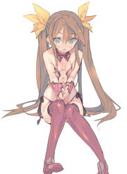 Rule 34 | 10s, 1girl, bare shoulders, blade (galaxist), blue eyes, blush, brown hair, fang, hair ribbon, huang lingyin, infinite stratos, knees together feet apart, long hair, looking at viewer, open mouth, red thighhighs, ribbon, simple background, sitting, sleeveless, solo, thighhighs, twintails, white background