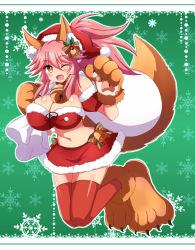 Rule 34 | 1girl, afuro, animal ear fluff, animal ears, animal hands, bag, bare shoulders, bell, blush, breasts, cat paws, cleavage, collar, commentary, commentary request, detached sleeves, fangs, fate/grand order, fate (series), fox ears, fox girl, fox tail, full body, fur trim, gloves, highres, jingle bell, large breasts, long hair, looking at viewer, midriff, navel, neck bell, one eye closed, open mouth, paw gloves, paw shoes, pink hair, ponytail, red legwear, santa costume, shoes, solo, tail, tamamo (fate), tamamo cat (fate), yellow eyes