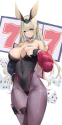 Rule 34 | 1girl, absurdres, blonde hair, blue eyes, breasts, closed mouth, covered navel, cropped jacket, earrings, highres, jacket, jewelry, kerberos blade, large breasts, leotard, long hair, long sleeves, looking at viewer, open clothes, open jacket, playboy bunny, slot machine, smile, solo, standing, zah takara