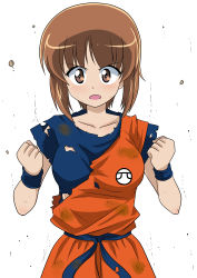 Rule 34 | 1girl, absurdres, aura, blue sash, blue shirt, brown eyes, brown hair, commentary, cosplay, dougi, dragon ball, emblem, floating rock, frown, girls und panzer, highres, looking at viewer, nishizumi miho, open mouth, sash, shirt, short hair, short sleeves, solo, son goku, son goku (cosplay), standing, torn clothes, translated, upper body, wakku kan, white background, wristband