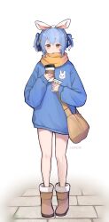 Rule 34 | 1girl, absurdres, alternate costume, blue hair, blue jacket, blue ribbon, boots, brown bag, brown footwear, commentary request, cup, facing viewer, full body, fur-trimmed boots, fur trim, gmi (jimmyovob), hair ribbon, highres, holding, holding cup, hololive, jacket, long sleeves, looking down, open mouth, rabbit-shaped pupils, ribbon, scarf, simple background, solo, standing, symbol-shaped pupils, thick eyebrows, two side up, usada pekora, virtual youtuber, white background, white ribbon, yellow eyes, yellow scarf