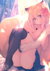 Rule 34 | 1girl, animal ear fluff, animal ears, backlighting, black thighhighs, blue eyes, blue skirt, blurry, blurry background, blush, bow, chita (ketchup), closed mouth, commentary request, curtains, depth of field, fox ears, fox girl, fox tail, hair between eyes, hair bow, highres, hugging own legs, indoors, interlocked fingers, knees up, long hair, long sleeves, looking at viewer, mole, mole on ass, no shoes, original, over-kneehighs, panties, pink hair, pleated skirt, red bow, shirt, signature, skirt, sleeves past wrists, smile, solo, stuffed animal, stuffed rabbit, stuffed toy, tail, thighhighs, underwear, white panties, white shirt, window