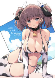 Rule 34 | 1girl, animal print, atlanta (kancolle), bell, bikini, blue sky, breasts, brown hair, cleavage, cloud, cow horns, cow print, cow print bikini, cowbell, cowboy shot, dated, elbow gloves, gloves, grey eyes, horns, kantai collection, large breasts, long hair, looking at viewer, odawara hakone, one-hour drawing challenge, parted lips, print bikini, side-tie bikini bottom, sitting, sky, solo, swimsuit, thighhighs, twitter username, two side up, white gloves, white thighhighs, yokozuwari