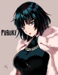 Rule 34 | 1girl, black hair, blue eyes, blue hair, breasts, character name, coat, female focus, fubuki (one-punch man), fur coat, jewelry, large breasts, lipstick, looking at viewer, makeup, maruino, matching hair/eyes, necklace, one-punch man, pearl necklace, red lips, short hair, signature, simple background, solo, upper body