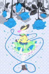 Rule 34 | 1girl, blouse, blue rose, boots, bow, closed eyes, flower, frilled shirt, frilled skirt, frills, green eyes, green skirt, hat, hat bow, komeiji koishi, long sleeves, looking at viewer, looking to the side, maki (huran), polka dot, polka dot background, profile, rose, shirt, short hair, silhouette, silver hair, skirt, solo, standing, third eye, touhou, upside-down, wide sleeves