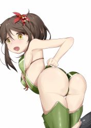 Rule 34 | 10s, 1girl, amagi (kancolle), ass, bare shoulders, blush, boots, breasts, brown hair, cleavage cutout, clothing cutout, flower, from behind, from below, hair flower, hair ornament, highres, huge ass, kantai collection, leaning, leaning forward, long hair, looking down, mole, open mouth, ponytail, shiny skin, solo, tears, thighhighs, yellow eyes