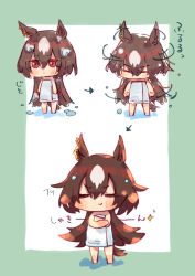 Rule 34 | 1girl, after bathing, animal ears, arrow (symbol), border, brown hair, chibi, closed mouth, commentary request, crossed arms, ear ornament, full body, green border, hair between eyes, highres, horse ears, horse girl, horse tail, long hair, mihasame, multicolored hair, multiple views, naked towel, red eyes, shaking head, simple background, sirius symboli (umamusume), streaked hair, tail, towel, umamusume, very long hair, water, wet, wet hair, white background, white hair, white towel
