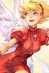 Rule 34 | 1girl, blonde hair, blue eyes, breath of fire, breath of fire iii, capcom, hairband, hungry clicker, jewelry, looking back, nina (breath of fire iii), pendant, puffy short sleeves, puffy sleeves, short hair, short sleeves, smile, solo, wings