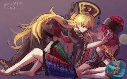 Rule 34 | 2girls, all fours, barefoot, black dress, black shirt, blonde hair, breasts, chain, chinese clothes, dress, earth (ornament), gold chain, grabbing another&#039;s hair, grin, hand in another&#039;s hair, hecatia lapislazuli, ichirugi, junko (touhou), legs, long hair, long sleeves, looking at another, lying, medium breasts, moon (ornament), multicolored clothes, multicolored skirt, multiple girls, obi, off-shoulder shirt, off shoulder, on back, pixiv id, plaid, plaid skirt, red hair, sash, shirt, short hair, short sleeves, simple background, sketch, skirt, smile, tassel, touhou, very long hair