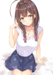 Rule 34 | 1girl, ahoge, arm support, bare shoulders, blush, bow, braid, breasts, brown eyes, brown hair, closed mouth, collarbone, hair ornament, hair over shoulder, hairclip, hand up, hatsu (first snow), highres, idolmaster, idolmaster shiny colors, jewelry, kuwayama chiyuki, large breasts, leaf print, long hair, looking at viewer, necklace, pink bow, print skirt, shirt, shirt tucked in, sitting, skirt, sleeveless, sleeveless shirt, smile, solo, twin braids, white shirt