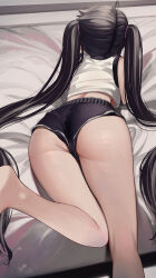Rule 34 | 1girl, absurdres, ahoge, ass, backboob, barefoot, bed sheet, black hair, breasts, facing away, feet out of frame, from behind, highres, indoors, korean commentary, legs, long hair, lying, medium breasts, midriff, mixed-language commentary, on stomach, original, priite hari (torriet), revision, short shorts, shorts, solo, tank top, thighs, torriet, twintails, very long hair