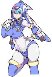 Rule 34 | 1girl, :d, aqua eyes, blue panties, blue thighhighs, bodysuit, breasts, covered navel, enpe, gluteal fold, gold trim, hand on own hip, helmet, highres, large breasts, leg up, fairy leviathan (mega man), looking at viewer, mega man (series), mega man zero (series), open mouth, panties, simple background, smile, solo, thighhighs, turtleneck, underwear, white background, white bodysuit