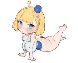 Rule 34 | 1girl, ahoge, arm support, ass, bare shoulders, barefoot, blonde hair, blush, breasts, chibi, griffon (last origin), last origin, looking at viewer, lying, medium hair, miman (hasutaro stream), official alternate costume, on stomach, simple background, white background