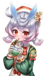 Rule 34 | 1girl, absurdres, animal ears, bow, bowtie, commentary request, cup, drinking, drinking straw, drinking straw in mouth, genshin impact, gloves, hair between eyes, hat, highres, holding, holding cup, kuma piv, long hair, long sleeves, looking at viewer, low twintails, nurse cap, orange eyes, rabbit ears, rabbit girl, red bow, red bowtie, sidelocks, sigewinne (genshin impact), simple background, solo, twintails, white background, white gloves, white hair