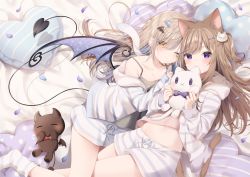 Rule 34 | 2girls, :3, animal ear fluff, animal ears, bed sheet, black camisole, blush, brown eyes, brown hair, camisole, cat ears, cat girl, cat tail, closed mouth, commentary request, demon girl, demon tail, demon wings, hair ornament, hairclip, has bad revision, has downscaled revision, highres, holding, holding stuffed toy, hood, hood down, hooded jacket, jacket, leo (mafuyu), long hair, looking at viewer, mafuyu (chibi21), md5 mismatch, multicolored hair, multiple girls, no shoes, off shoulder, one eye closed, open clothes, open jacket, original, pillow, pink camisole, purple eyes, purple hair, purple wings, resolution mismatch, ruty (mafuyu), short shorts, shorts, socks, source smaller, streaked hair, striped clothes, striped jacket, striped legwear, striped shorts, striped socks, stuffed animal, stuffed cat, stuffed toy, tail, very long hair, white legwear, wings