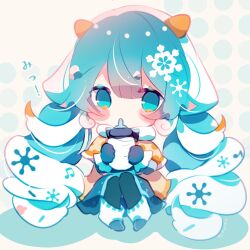 Rule 34 | 1girl, baby bottle, beamed eighth notes, blue eyes, blue gloves, blue hair, blue pantyhose, blue skirt, blush stickers, boots, bottle, capelet, cheese, chibi, curly hair, food, fur-trimmed capelet, fur trim, fuyuzuki gato, gloves, hair ornament, hatsune miku, highres, holding, holding bottle, horns, long hair, looking at viewer, musical note, musical note print, pantyhose, sitting, skirt, snowflake hair ornament, snowflake print, solo, sprinkles, swiss cheese, translated, twintails, very long hair, vocaloid, white hair, white headdress, yellow capelet, yuki miku, yuki miku (2024) (candidate no.4)