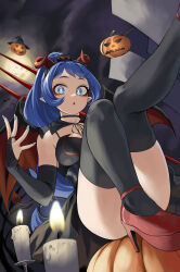 Rule 34 | 1girl, absurdres, alternate costume, bat (animal), black capelet, black dress, black thighhighs, blue eyes, blue hair, blue nails, boku no hero academia, candle, capelet, curled horns, demon tail, demon wings, dress, fake horns, fengling (furin-jp), fire, full moon, hadou nejire, halloween, halloween costume, high heels, highres, horns, jack-o&#039;-lantern, long hair, looking at viewer, moon, night, night sky, outdoors, pointy ears, red horns, sky, solo, tail, thighhighs, very long hair, wings