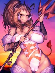 Rule 34 | 1girl, bare shoulders, boar, breasts, brown hair, cameltoe, chinese zodiac, cleavage, commentary request, covered erect nipples, fang, fumio (rsqkr), fur trim, groin, highres, horns, humanization, large breasts, leotard, light smile, long hair, looking at viewer, original, polearm, purple eyes, solo, spear, tail, thick thighs, thighs, weapon, white leotard