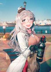 Rule 34 | 1girl, black gloves, blew andwhite, blush, bottle, breasts, brown eyes, coat, day, gloves, hat, highres, holding, holding bottle, kantai collection, large breasts, light brown hair, long hair, long sleeves, looking at viewer, mini hat, official alternate costume, open clothes, open coat, open mouth, pola (kancolle), red skirt, skirt, smile, solo, upper body, wavy hair, white coat, white hat