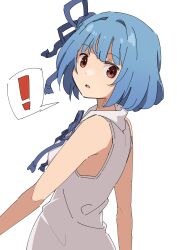 Rule 34 | !, 1girl, absurdres, alternate hair length, alternate hairstyle, bare shoulders, blue hair, blue ribbon, bob cut, dress, flower knot, hair ribbon, highres, kashisuover, kotonoha aoi, looking at viewer, looking to the side, no detached sleeves, open mouth, raised eyebrows, red eyes, ribbon, short hair, simple background, sleeveless, sleeveless dress, solo, spoken exclamation mark, upper body, voiceroid, white background, white dress