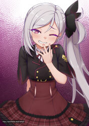 Rule 34 | 1girl, black bow, black jacket, blue archive, blush, bow, buttons, cowboy shot, double-breasted, frilled skirt, frills, gradient background, grey hair, grin, hair bow, hair ornament, hand up, high-waist skirt, highres, jacket, long hair, looking at viewer, mutsuki (blue archive), neck ribbon, one eye closed, pink background, plaid, plaid skirt, red eyes, red skirt, ribbon, short sleeves, side ponytail, skirt, smile, solo, teeth, vahn yourdoom, white background, wide sleeves
