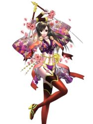 Rule 34 | 1girl, arms up, artist request, black hair, bracer, breasts, capcom, cleavage, dual wielding, floral print, high heels, holding, japanese clothes, large breasts, long hair, mochizuki chiyome, mochizuki chiyome (sengoku saga), official art, onimusha, onimusha soul, petals, scarf, sengoku saga, shoes, smile, solo, sword, thighhighs, weapon, wide sleeves