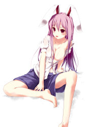 Rule 34 | 1girl, :p, animal ears, arm support, barefoot, blush, breasts, cleavage, collarbone, dress shirt, fal maro, feet, female focus, highres, hot, long hair, no bra, off shoulder, purple hair, rabbit ears, red eyes, reisen udongein inaba, see-through, shirt, simple background, sitting, skirt, solo, sweat, tongue, tongue out, touhou, very long hair, wet, wet clothes