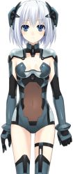 Rule 34 | 10s, 1girl, :|, blue eyes, blush, bracer, breasts, cleavage, closed mouth, covered navel, date a live, expressionless, gauntlets, gloves, grey thighhighs, headgear, leotard, looking at viewer, medium breasts, navel, official art, see-through, short hair, solo, standing, strapless, strapless leotard, thigh strap, thighhighs, tobiichi origami, transparent background, tsunako, turtleneck, white hair