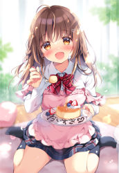 Rule 34 | 1girl, apron, black skirt, black socks, blurry, blurry background, bow, braid, brown eyes, brown hair, cake, collared shirt, commentary request, depth of field, diagonal stripes, dress shirt, flower, food, fork, frilled apron, frills, fruit, hair flower, hair ornament, hairclip, heart, heart hair ornament, holding, holding fork, holding plate, long hair, no shoes, original, pan (mimi), pink apron, plaid, plaid skirt, plate, pleated skirt, red bow, shirt, sitting, skirt, socks, solo, sponge cake, strawberry, striped, striped bow, wariza, white flower, white shirt
