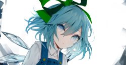 Rule 34 | 1girl, blue dress, blue eyes, blue hair, cirno, commentary request, daimaou ruaeru, dress, green ribbon, hair between eyes, hair ribbon, highres, ice, ice wings, looking at viewer, pinafore dress, ribbon, shirt, short hair, simple background, sleeveless dress, solo, touhou, white background, white shirt, wings