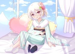 Rule 34 | 1girl, :d, absurdres, black footwear, blue kimono, blue sky, blush, cloud, commentary request, crossed ankles, curtains, day, flower, frilled pillow, frills, full body, hair between eyes, hair flower, hair ornament, head tilt, heart, heart-shaped pillow, highres, indoors, japanese clothes, kimono, kokkoro (princess connect!), liang feng qui ye, long sleeves, looking at viewer, obi, open mouth, pillow, pink flower, pointy ears, princess connect!, purple eyes, red flower, sandals, sash, sky, smile, socks, solo, striped clothes, striped kimono, tabi, vertical-striped clothes, vertical-striped kimono, white hair, whitel (zou tukasaki), wide sleeves, wind chime, zouri