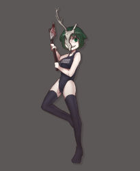 Rule 34 | antlers, axe, blood, bloody weapon, green eyes, green hair, grey background, highleg, highleg swimsuit, highres, horns, k.blank, monster, monster girl, name tag, no shoes, one-piece swimsuit, sharp teeth, short hair, simple background, single horn, skull on head, swimsuit, teeth, thighhighs, weapon, wendigo