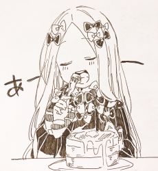 Rule 34 | 1girl, abigail williams (fate), blush, bow, butter, closed eyes, dress, eating, fate/grand order, fate (series), food, forehead, fork, graphite (medium), grey background, hair bow, highres, holding, holding fork, long hair, long sleeves, monochrome, open mouth, pancake, pancake stack, parted bangs, plate, simple background, sleeves past wrists, sofra, solo, traditional media, very long hair