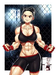 Rule 34 | 1girl, abs, breasts, fence, fighting stance, fingerless gloves, furrowed brow, gloves, gyeoggi 3 ban, hair bun, highres, kwon tae-young, large breasts, looking at viewer, mma gloves, muscular, muscular female, solo, sparkeyjinjin, sports bra, sportswear, stadium lights, sweat