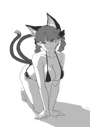 Rule 34 | 1girl, absurdres, all fours, animal ears, bikini, black bow, blunt bangs, bow, braid, breasts, cat ears, cat tail, cleavage, closed mouth, commentary request, extra ears, eyebrows hidden by hair, greyscale, hair bow, highres, kaenbyou rin, large breasts, looking at viewer, monochrome, multiple tails, nekomata, pointy ears, shadow, shuchuu (sake bug), simple background, smile, solo, swimsuit, tail, touhou, twin braids, two tails, white background