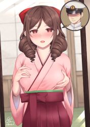 Rule 34 | 1girl, admiral (kancolle), body switch, bow, breast hold, breasts, brown hair, commentary request, cowboy shot, drill hair, hair bow, hakama, hakama skirt, harukaze (kancolle), highres, japanese clothes, kantai collection, kimono, large breasts, looking at viewer, meiji schoolgirl uniform, mirror, personality switch, pink kimono, red bow, red eyes, red hakama, skirt, solo, twin drills, unoshima kanaka