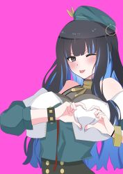 Rule 34 | 1girl, 4uu (radicalmp head), bare shoulders, beret, black hair, black shorts, blue hair, blush, bracelet, breasts, buttons, colored inner hair, double-breasted, fate/grand order, fate (series), green hat, green jacket, grey eyes, hat, heart-shaped boob challenge, highres, jacket, jewelry, long hair, looking at viewer, medium breasts, multicolored hair, neck ring, o-ring, off shoulder, one eye closed, shorts, sidelocks, simple background, smile, tenochtitlan (fate), tenochtitlan (second ascension) (fate), tongue, tongue out, wavy hair, zipper