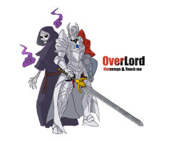 Rule 34 | 2boys, ainz ooal gown, armor, artist request, back-to-back, cape, english text, gauntlets, greaves, helmet, hood, multiple boys, overlord (maruyama), red eyes, shield, shoulder armor, simple background, skeleton, sword, touch me, undead, weapon