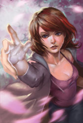 Rule 34 | 1girl, blue eyes, blurry, brown hair, collarbone, epic, face, gradient background, life is strange, lips, looking at viewer, max caulfield, nose, realistic, short hair, solo
