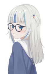 Rule 34 | 1girl, :3, bespectacled, black-framed eyewear, blue eyes, blue hair, blue hoodie, blunt bangs, closed mouth, commentary, gawr gura, gawr gura (1st costume), glasses, grey hair, hair ornament, highres, hololive, hololive english, hood, hoodie, light blush, looking at viewer, looking back, medium hair, multicolored hair, nzmtarou, one side up, shark hair ornament, sidelocks, simple background, smile, solo, streaked hair, symbol-only commentary, turning head, upper body, virtual youtuber, white background, white hood