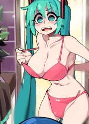 Rule 34 | 1girl, absurdres, alternate breast size, aqua hair, blush, bongfill, bow, bow panties, bra, breasts, cleavage, collarbone, electrical outlet, flustered, green eyes, hair ornament, hatsune miku, highres, large breasts, long hair, looking at viewer, open mouth, panties, red bra, red panties, solo, sweatdrop, tareme, thigh gap, twintails, underwear, undressing, very long hair, vocaloid
