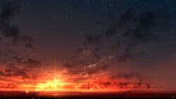 Rule 34 | chinese commentary, cloud, commentary request, highres, lens flare, light particles, night, night sky, no humans, original, outdoors, rune xiao, scenery, signature, sky, star (sky), starry sky, still life, sun, sunset