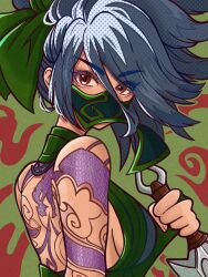 Rule 34 | 1girl, akali, arm tattoo, asymmetrical bangs, asymmetrical hair, back tattoo, black hair, breasts, dagger, fingernails, from side, hair between eyes, high ponytail, highres, holding, holding dagger, holding knife, holding weapon, kawaguti kappa, knife, kunai, league of legends, long hair, looking at viewer, mask, medium breasts, mouth mask, ninja, red eyes, sideboob, simple background, single bare shoulder, sleeveless, solo, tattoo, upper body, weapon