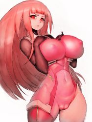 Rule 34 | 1girl, blunt bangs, blush, bodysuit, breasts, cameltoe, closed mouth, commentary request, covered erect nipples, covered navel, cowboy shot, fumio (rsqkr), highres, huge breasts, impossible bodysuit, impossible clothes, ken marinaris, lips, long hair, looking at viewer, pilot suit, pink bodysuit, pink hair, red eyes, simple background, skin tight, solo, spacesuit, standing, thighs, very long hair, white background, zone of the enders, zone of the enders 2