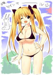 Rule 34 | 1girl, ;d, bikini, blonde hair, breasts, cleavage, cropped legs, fang, hand on own hip, kamitsurugi ouka, long hair, navel, one eye closed, open mouth, original, purple eyes, smile, solo, swimsuit, twintails, underboob, very long hair, wink