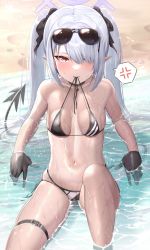 Rule 34 | 1girl, anger vein, bikini, bikini in mouth, black bikini, black choker, black gloves, blue archive, blush, breasts, choker, clothes in mouth, demon tail, dot nose, eyewear on head, gloves, grey hair, hair over one eye, halo, highres, in water, iori (blue archive), iori (swimsuit) (blue archive), knee up, long hair, looking at viewer, medium breasts, mouth hold, multi-strapped bikini bottom, navel, one eye covered, pointy ears, reclining, red eyes, sitting, solo, spoken anger vein, sunglasses, swimsuit, tail, twintails, unizou, wet