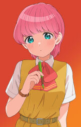 Rule 34 | 1girl, belt, blue eyes, blush, bow, bowtie, brown belt, closed mouth, collared shirt, commentary request, dress, dress shirt, expressionless, gradient background, high school! kimengumi, highres, holding, holding pencil, jenny (je2live), kawa yui, looking at viewer, mechanical pencil, orange background, pencil, pinafore dress, pink hair, red bow, red bowtie, school uniform, shirt, short hair, short sleeves, simple background, sleeveless, sleeveless dress, solo, upper body, watch, white shirt, wristwatch, yellow dress