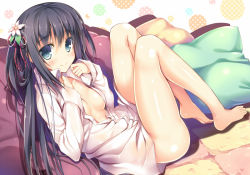 Rule 34 | 1girl, aqua eyes, bare legs, barefoot, black hair, blush, breasts, cleavage, hair ornament, indoors, long hair, looking at viewer, naked shirt, nozomi tsubame, original, pillow, revision, shirt, sitting, smile, solo, unbuttoned